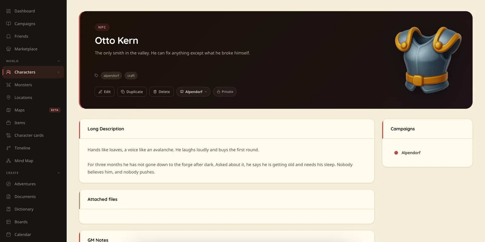An NPC card in Talehaven: Otto Kern with a two-sentence description, tags and the campaign he belongs to.