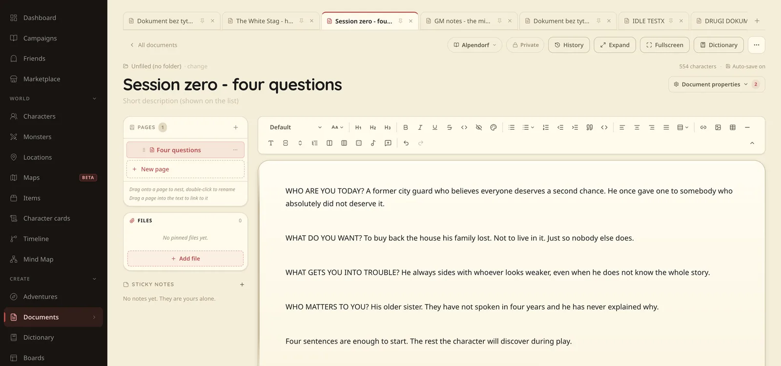 A player handout in Talehaven: four questions about the character with one-sentence answers.