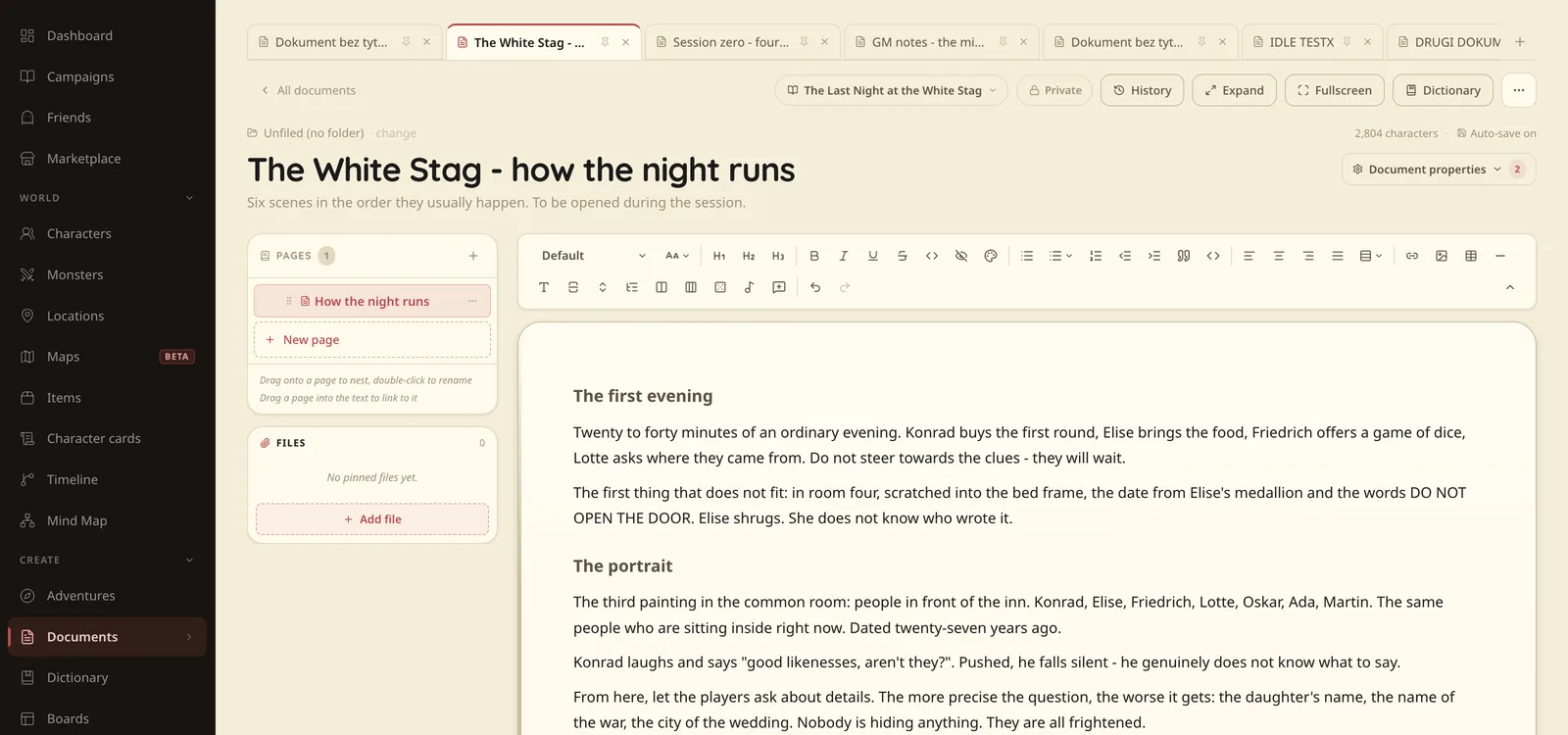 A scenario document in Talehaven: the night at the White Stag split into short scenes.